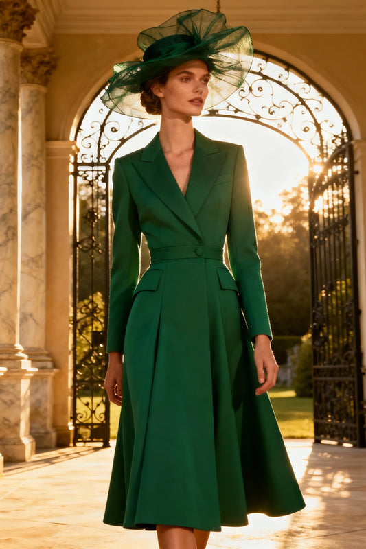 Dark Green Peak Lapel A Line Midi Blazer Dress