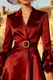 Burgundy Satin Peak Lapel Ruched Midi Blazer Dress with Belt