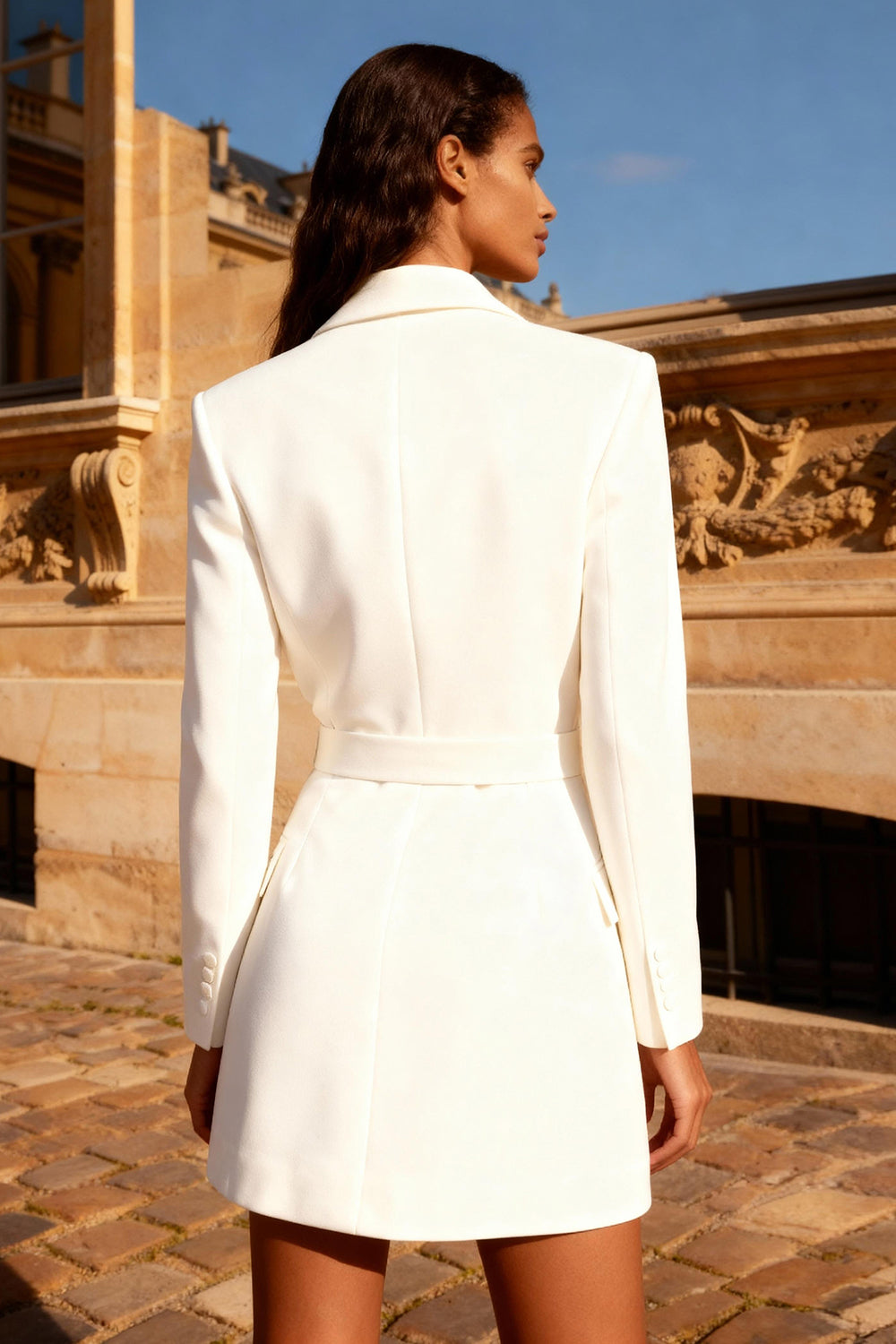 White Peak Lapel Double Breasted Short Blazer Wedding Dress with Belt