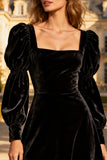 Black A-Line Square Neck Velvet Midi Holiday Party Dress