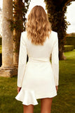 White Ruffled Notched Lapel Short Blazer Wedding Dress with Sash