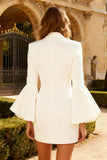 White Ruffled Peak Lapel Short Blazer Wedding Dress with Button