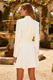 White Peak Lapel Ruched Short Blazer Wedding Dress with Belt