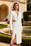 White Peak Lapel Cut Out Midi Blazer Wedding Dress with Slit