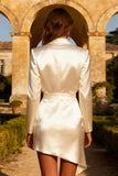 White Satin Peak Lapel Short Blazer Wedding Dress with Button
