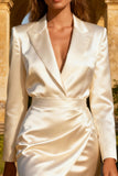 White Satin Peak Lapel Short Blazer Wedding Dress with Button