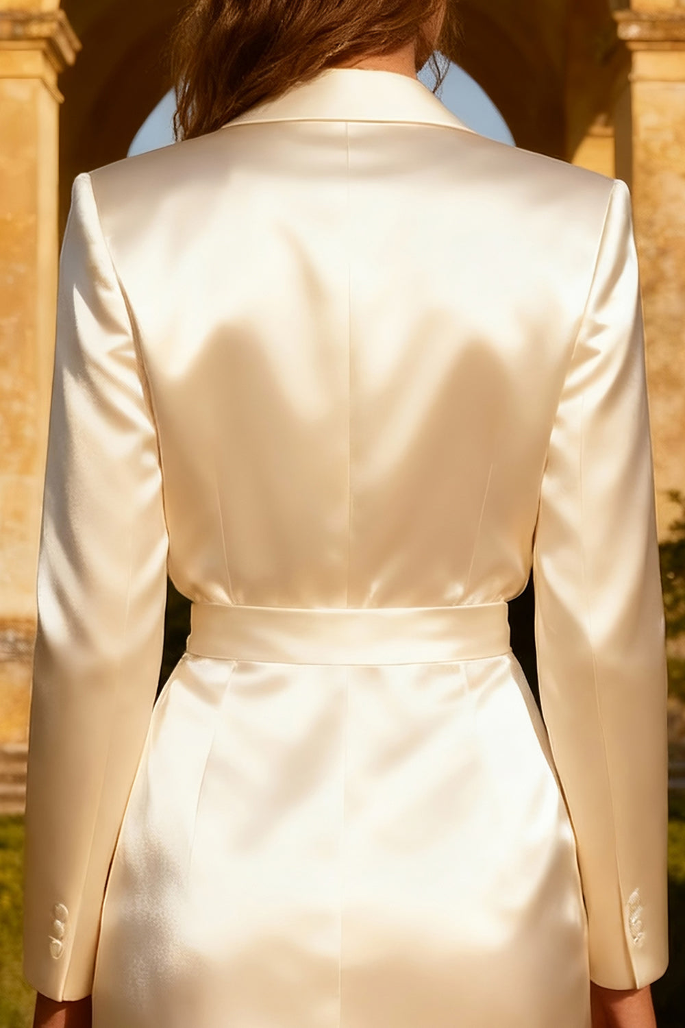 White Satin Peak Lapel Short Blazer Wedding Dress with Button