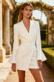 White Peak Lapel Ruffled Short Blazer Wedding Dress