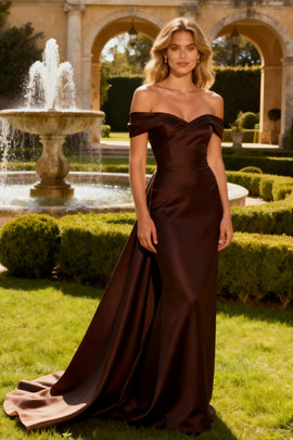 Brown Mermaid Off the Shoulder Long Formal Dress with Cape