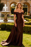 Brown Mermaid Off the Shoulder Long Formal Dress with Cape