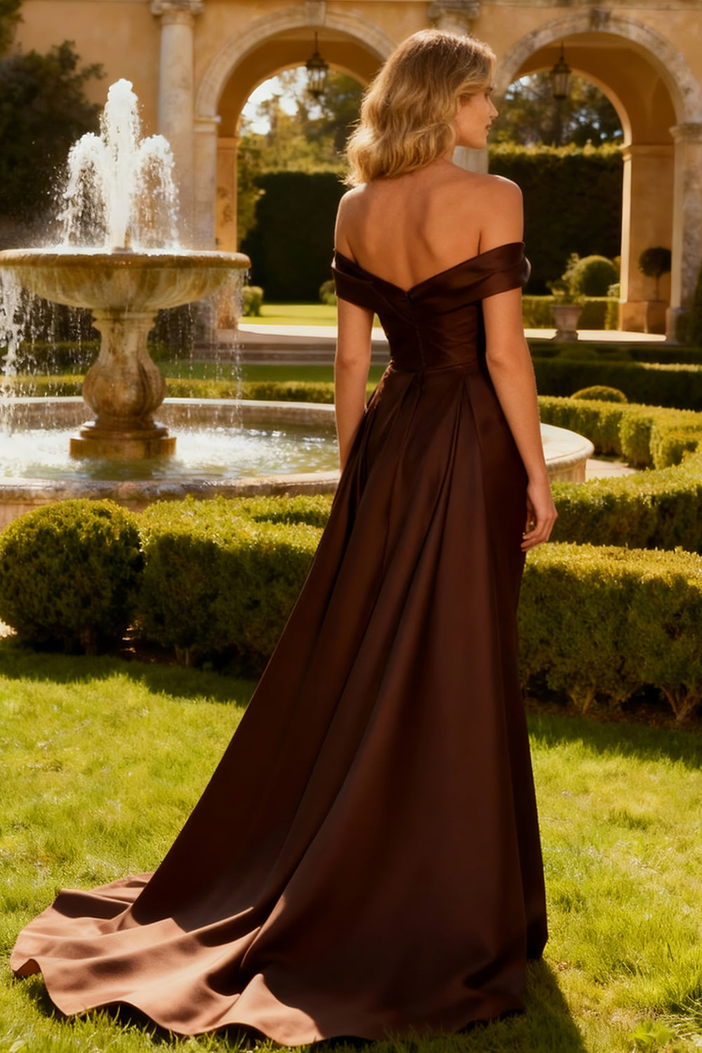 Brown Mermaid Off the Shoulder Long Formal Dress with Cape