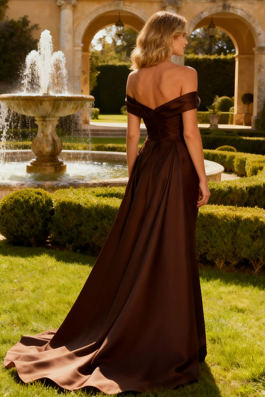 Brown Mermaid Off the Shoulder Long Formal Dress with Cape