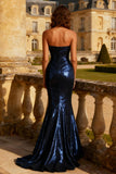 Sparkly Navy Sequin Strapless Mermaid Long Prom Dress