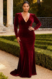 Burgundy Velvet Mermaid V-Neck Long Prom Dress with Sleeves