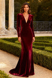 Burgundy Mermaid Velvet V-Neck Long Prom Dress with Sleeves