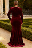 Burgundy Velvet Mermaid V-Neck Long Prom Dress with Sleeves