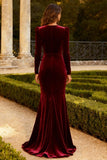 Burgundy Mermaid Velvet V-Neck Long Prom Dress with Sleeves