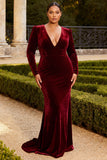 Burgundy Velvet Mermaid V-Neck Long Prom Dress with Sleeves