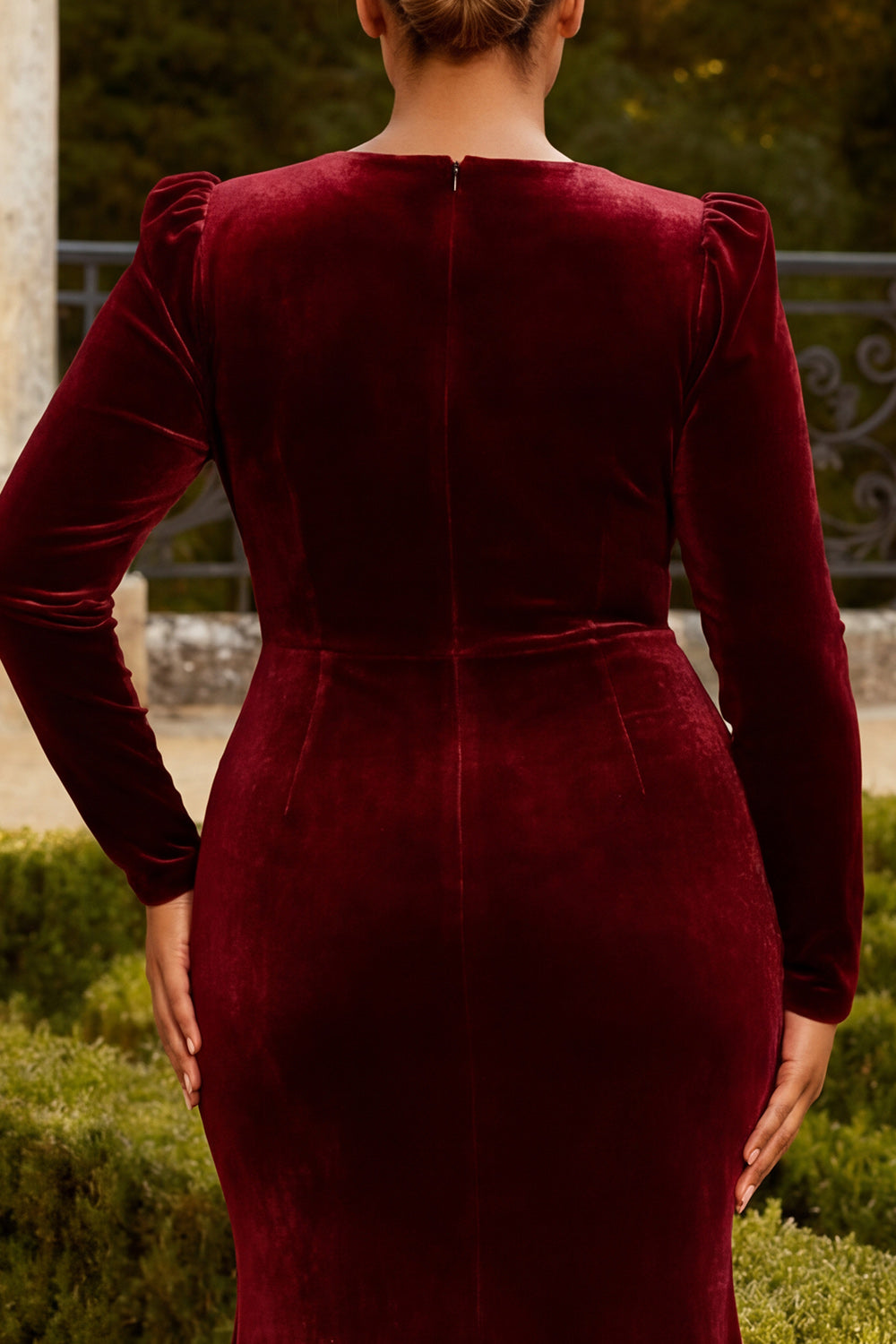 Burgundy Velvet Mermaid V-Neck Long Prom Dress with Sleeves