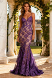 Purple Lace Mermaid Spaghetti Straps Long Prom Dress