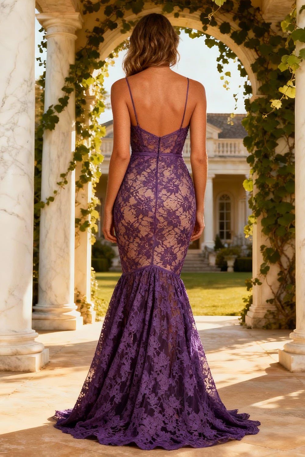 Purple Lace Mermaid Spaghetti Straps Long Prom Dress