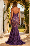 Purple Lace Mermaid Spaghetti Straps Long Prom Dress
