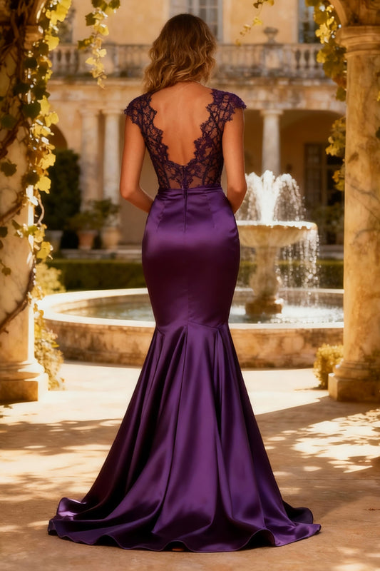 Purple V Neck Mermaid Corset Long Prom Dress
