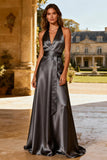 Steel Grey Halter Satin A Line Long Formal Dress with Sash
