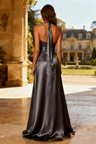Steel Grey Halter Satin A Line Long Formal Dress with Sash
