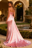 Pink Satin Strapless Mermaid Long Prom Dress with Side Cape