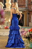 Royal Blue Satin Ruffled Mermaid Long Corset Prom Dress with Slit