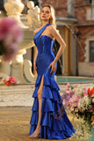 Royal Blue Satin Ruffled Mermaid Long Corset Prom Dress with Slit