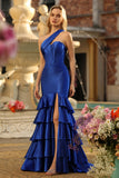 Royal Blue Satin Ruffled Mermaid Long Corset Prom Dress with Slit