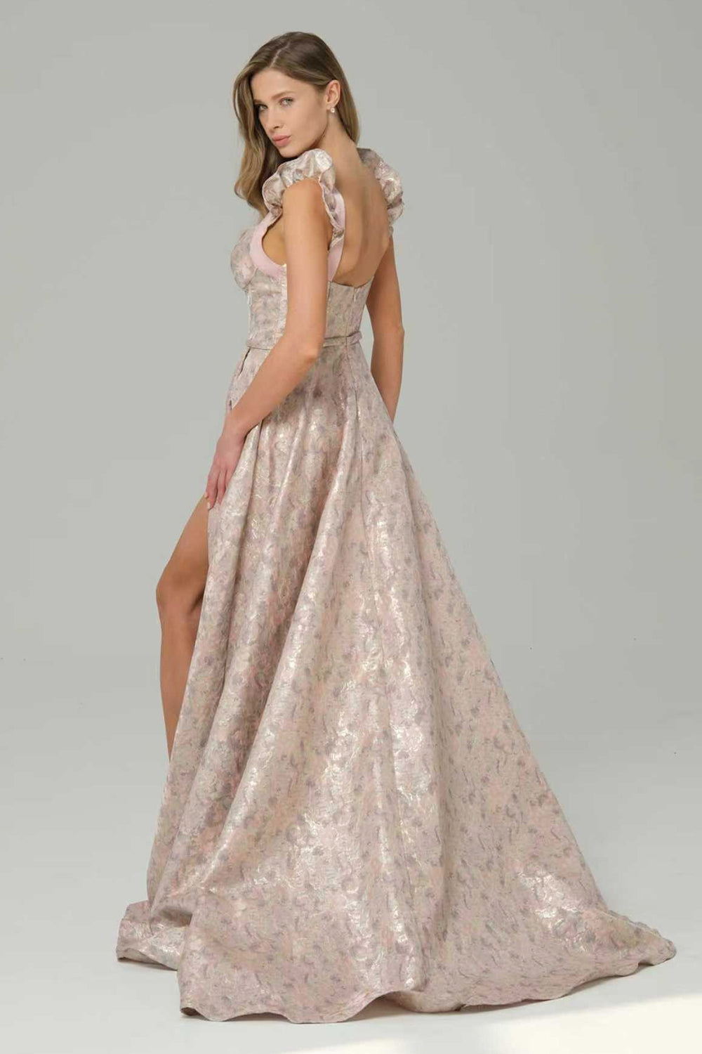 Pink Floral A Line Ruffled Long Corset Prom Dress with Slit