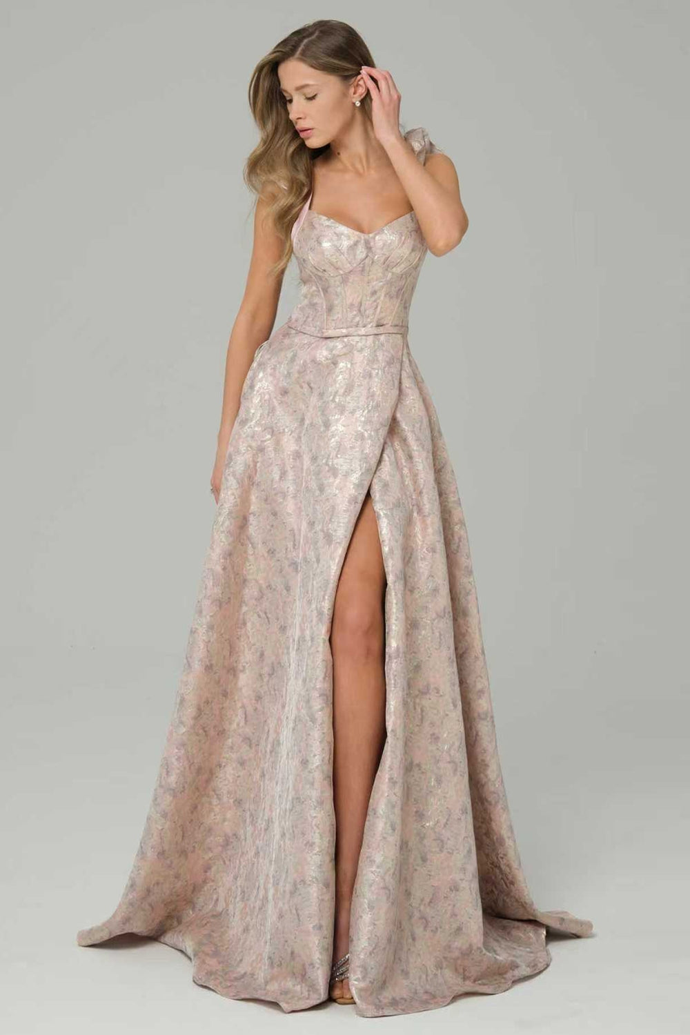 Pink Floral A Line Ruffled Long Corset Prom Dress with Slit