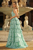 Sparkly Sage Green A Line Tiered Keyhole Long Prom Dress with Slit