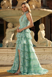 Sparkly Sage Green A Line Tiered Keyhole Long Prom Dress with Slit
