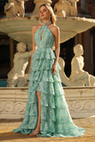 Sparkly Sage Green A Line Tiered Keyhole Long Prom Dress with Slit