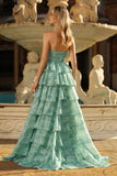 Sparkly Sage Green A Line Tiered Keyhole Long Prom Dress with Slit