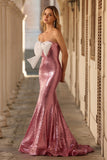 Sparkly Pink Mermaid Sequins Strapless Long Prom Dress with Bow