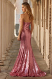 Sparkly Pink Mermaid Sequins Strapless Long Prom Dress with Bow