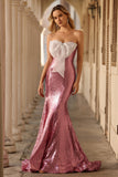 Sparkly Pink Mermaid Sequins Strapless Long Prom Dress with Bow