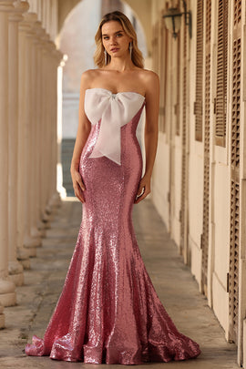Sparkly Pink Mermaid Sequins Strapless Long Prom Dress with Bow