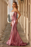 Sparkly Pink Mermaid Sequins Strapless Long Prom Dress with Bow