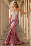 Sparkly Pink Mermaid Sequins Strapless Long Prom Dress with Bow