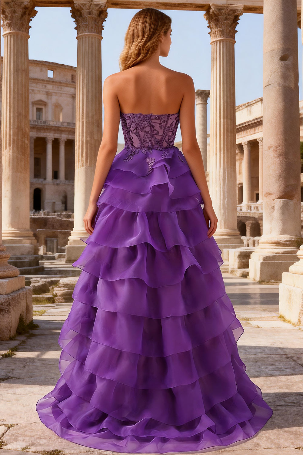 Purple Sweetheart Ruffled A Line Long Corset Prom Dress with Lace