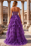 Purple Sweetheart Ruffled A Line Long Corset Prom Dress with Lace