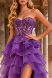 Purple Sweetheart Ruffled A Line Long Corset Prom Dress with Lace