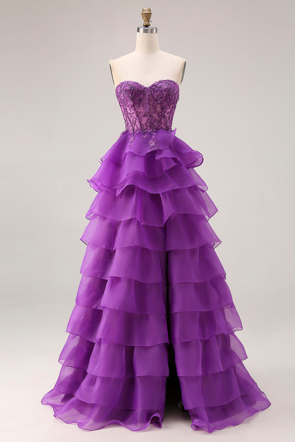 Purple Sweetheart Ruffled A Line Long Corset Prom Dress with Lace