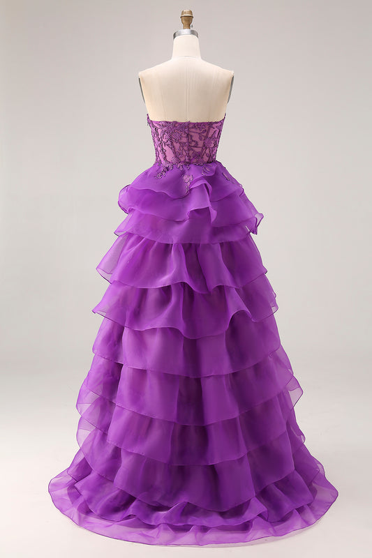 Purple Ruffled Sweetheart A Line Corset Long Prom Dress with Lace